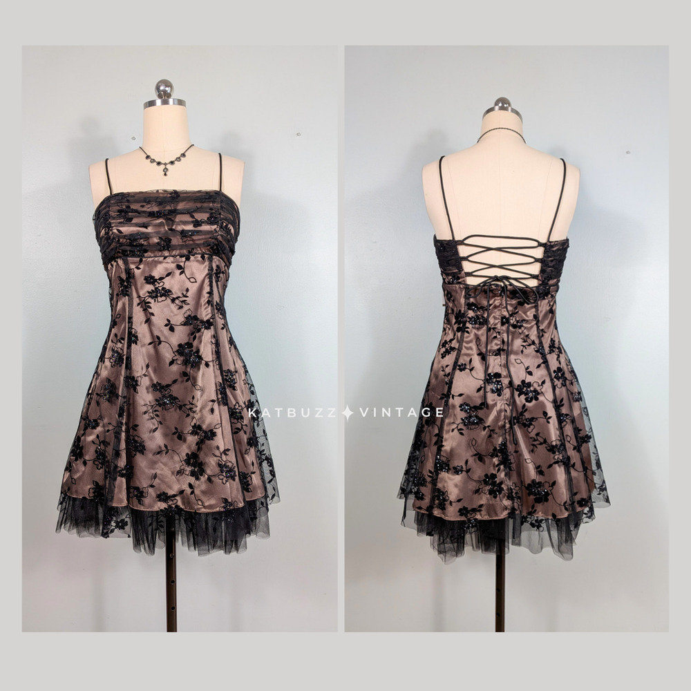 Vintage Nites Prom Dress Mini Gown 10 Tan Black Corset Lace Y2K Goth Hoco Dance